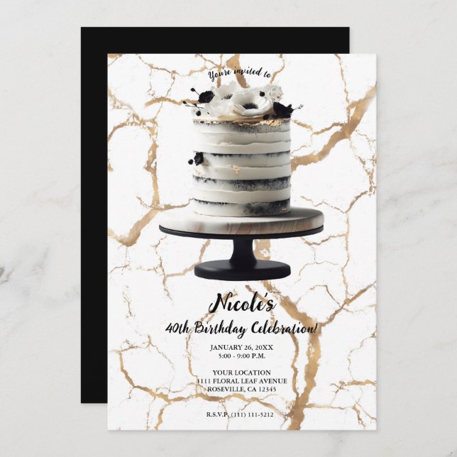 Black & White Gold Floral Tier Cake Birthday Party Invitation (Front/Back)