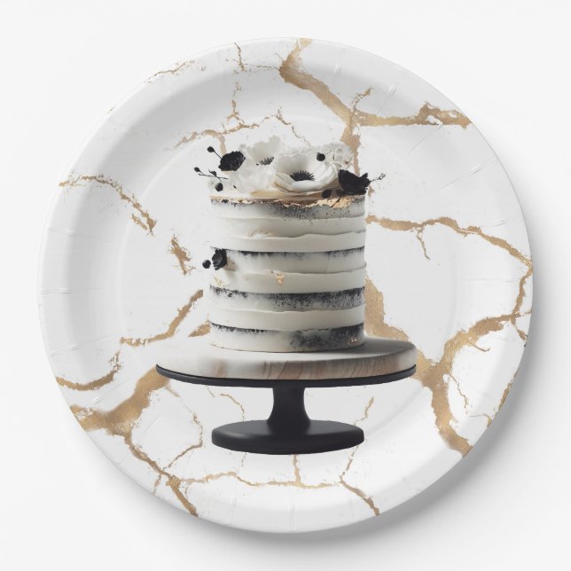 Black & White Gold Floral Tier Cake Bridal Shower  Paper Plate (Front)