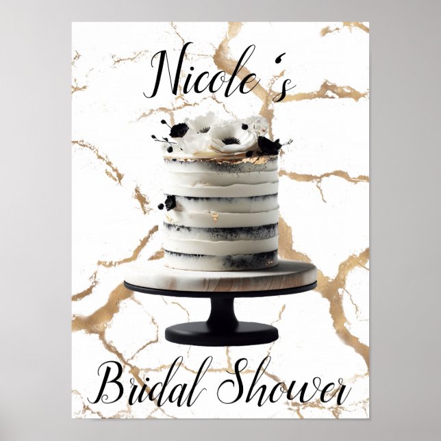 Black & White Gold Floral Tier Cake Bridal Shower  Poster (Front)