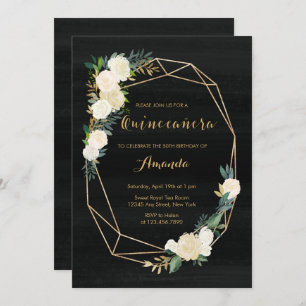 Black White Gold Floral Watercolor Quinceanera Invitation