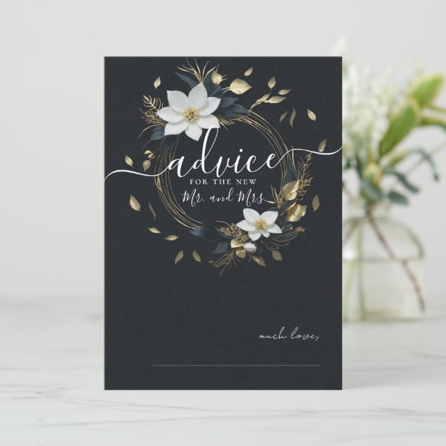 Black White Gold Floral Wreath Wedding Advice Card (Standing Front)