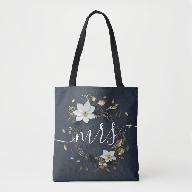 Black White & Gold Floral Wreath Wedding Bride Mrs Tote Bag (Front)