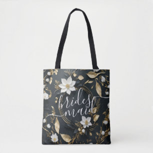 Black White Gold Floral Wreath Wedding Bridesmaids Tote Bag