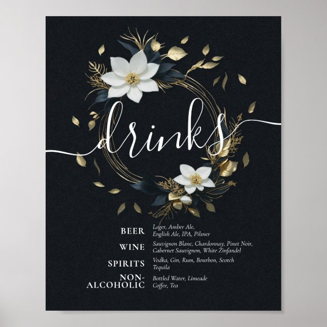 Black White Gold Floral Wreath Wedding Drinks Menu Poster (Front)