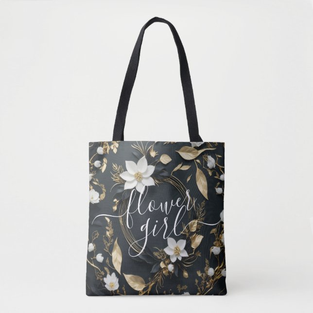 Black White Gold Floral Wreath Wedding Flower Girl Tote Bag (Front)