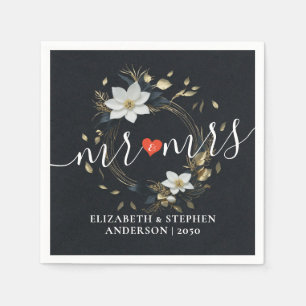 Black White Gold Floral Wreath Wedding Love Thanks Napkin