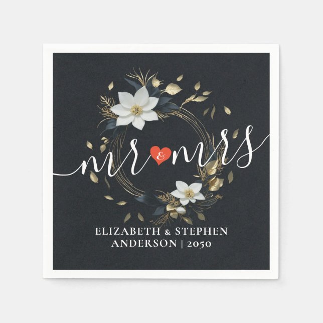 Black White Gold Floral Wreath Wedding Love Thanks Napkin (Front)