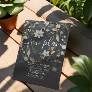 Black White Gold Floral Wreath Wedding Postponed Save The Date