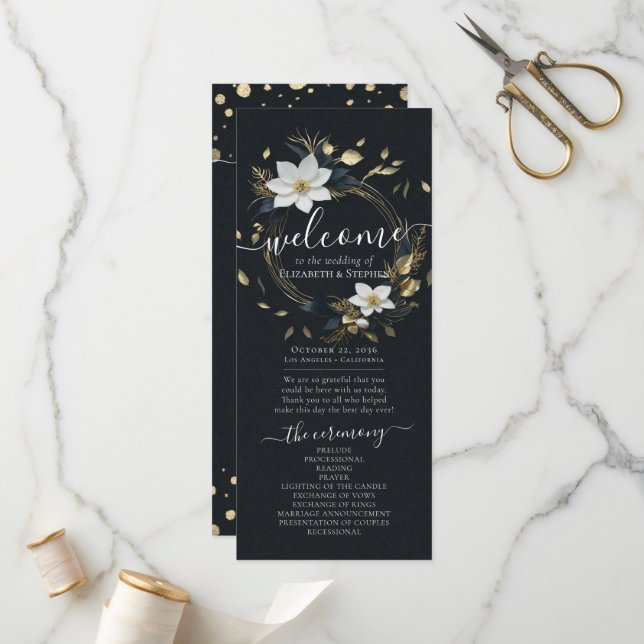 Black White Gold Floral Wreath Wedding Program (Front/Back In Situ)