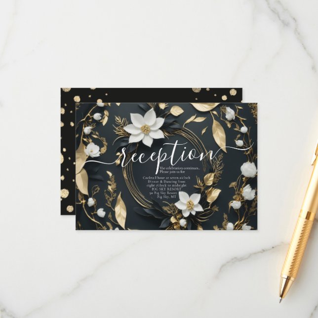 Black White Gold Floral Wreath Wedding Reception Enclosure Card (Front/Back In Situ)