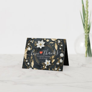 Black White Gold Floral Wreath Wedding Thank You Card
