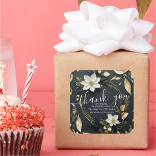 Black White & Gold Floral Wreath Wedding Thank You Square Sticker