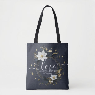 Black White Gold Floral Wreath Wedding Thank You Tote Bag