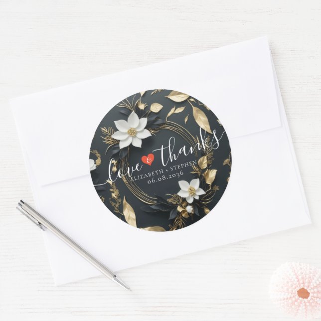 Black White Gold Floral Wreath Wedding Welcome Classic Round Sticker (Envelope)