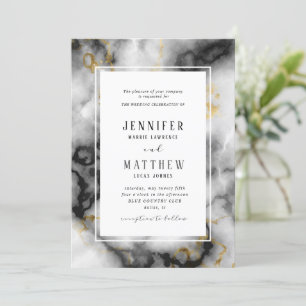 Black White Gold Foil Agate Marble Wedding Invitation