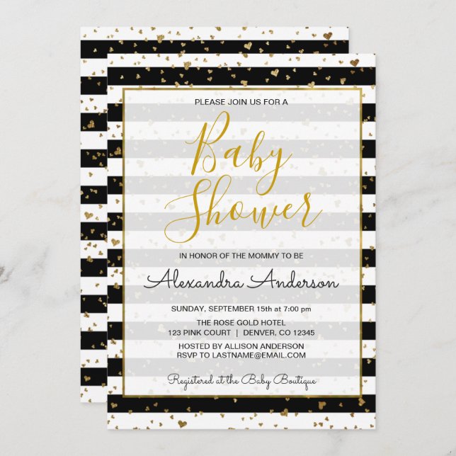 Black & White Gold Foil Hearts Girl's Baby Shower Invitation (Front/Back)