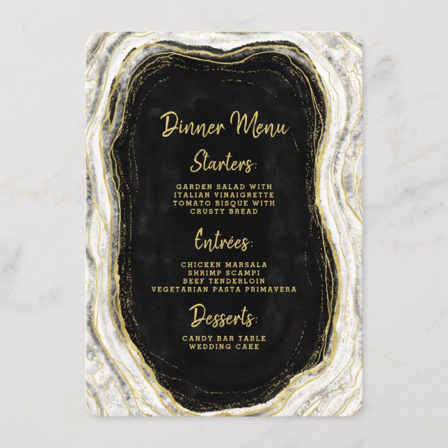 Black White & Gold Geode Agate Marble Dinner Menu (Front)