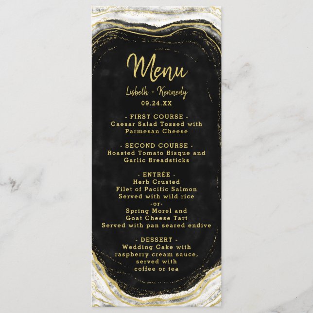 Black White & Gold Geode Agate Marble Slice Dinner Menu (Front)