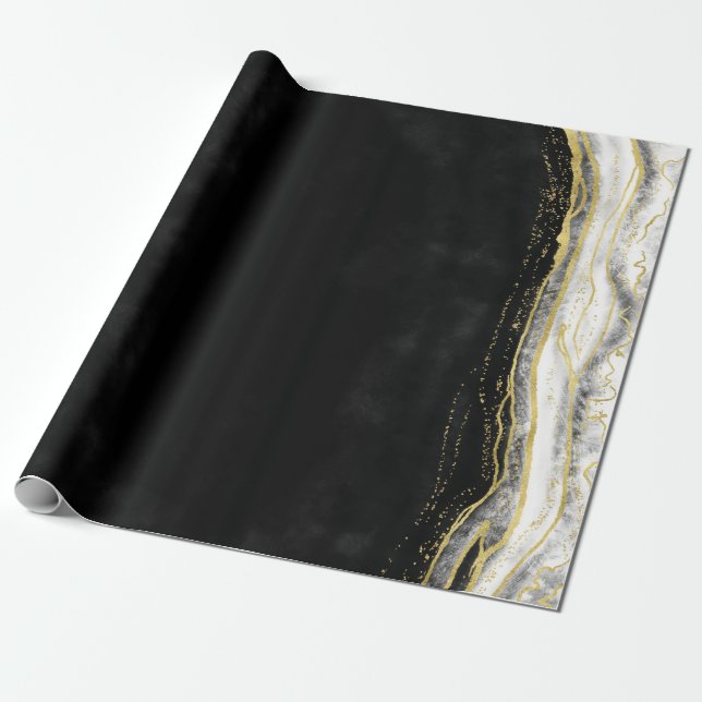 Black White & Gold Geode Agate Marble Wedding Wrapping Paper (Unrolled)