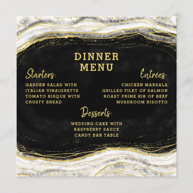 Black White & Gold Geode Agate Slice Square Dinner Menu (Front)