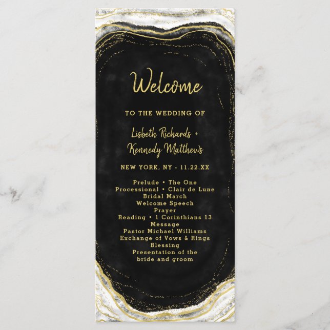 Black White & Gold Geode Agate Wedding Ceremony Program (Front)