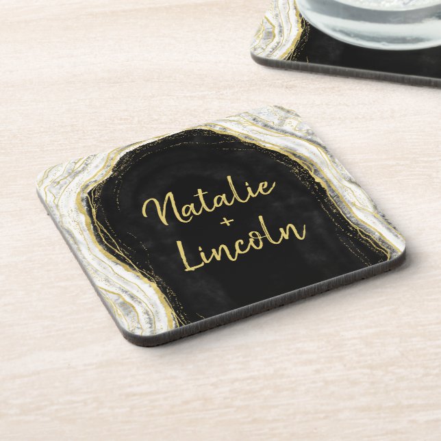 Black White & Gold Geode Agate Wedding Monogram Coaster (Left Side)