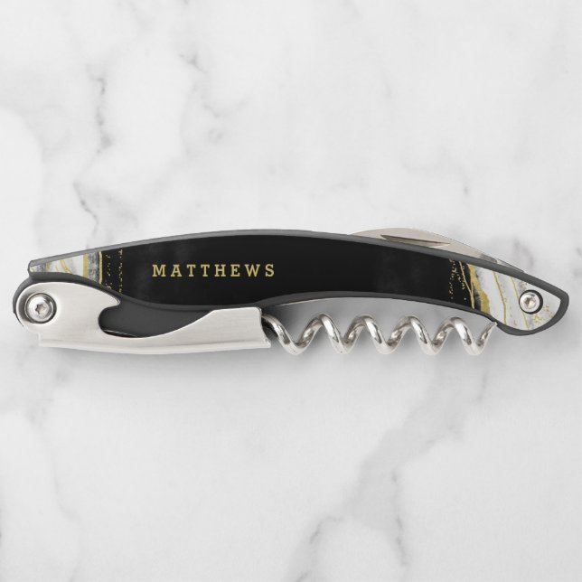 Black White & Gold Geode Agate Wedding Monogram Corkscrew (Front)