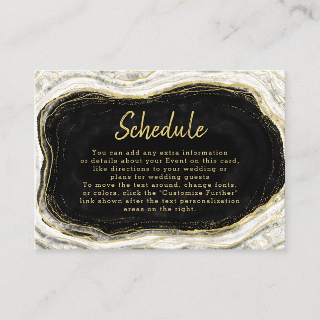 Black White & Gold Geode Agate Wedding Schedule Enclosure Card (Front)