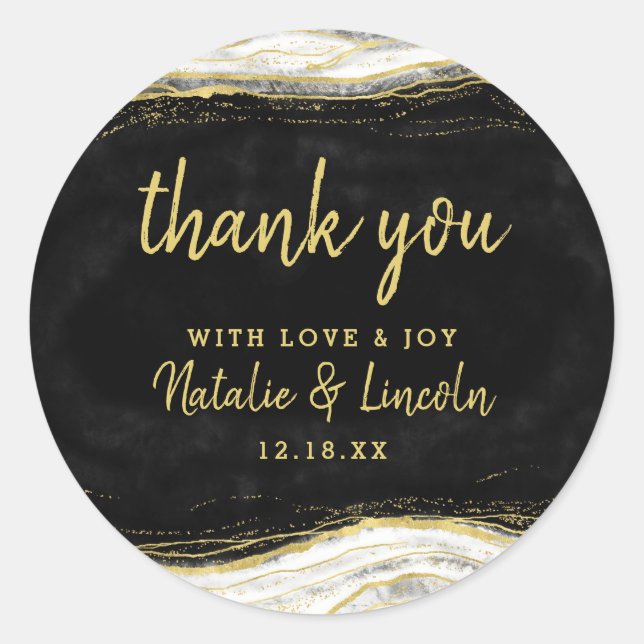 Black White & Gold Geode Agate Wedding Thank You Classic Round Sticker (Front)