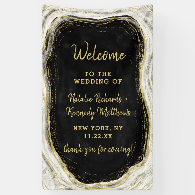 Black White & Gold Geode Agate Wedding Welcome Banner (Vertical)