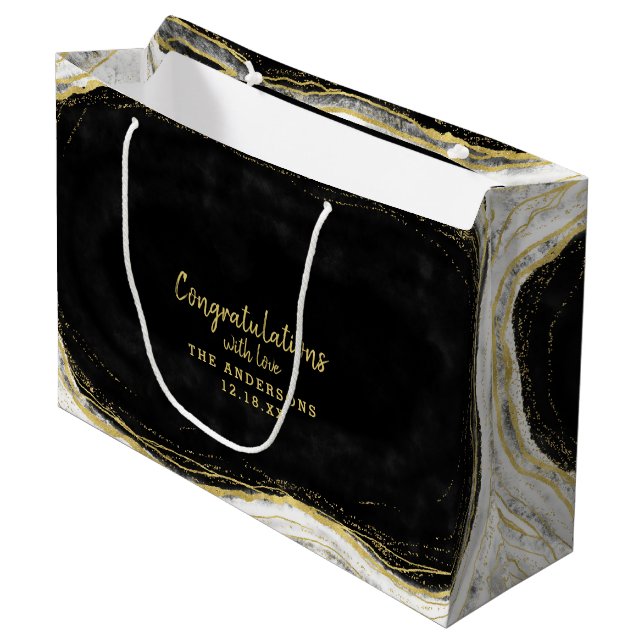 Black White & Gold Geode Congratulations Wedding Large Gift Bag (Front Angled)