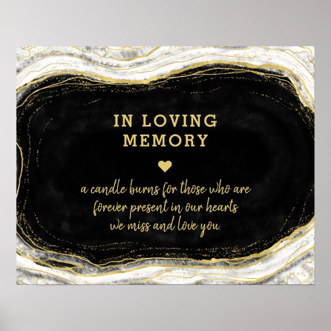Black White & Gold Geode In Loving Memory Sign (Front)