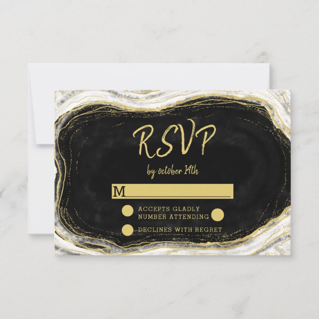 Black White & Gold Geode Wedding RSVP Response (Front)