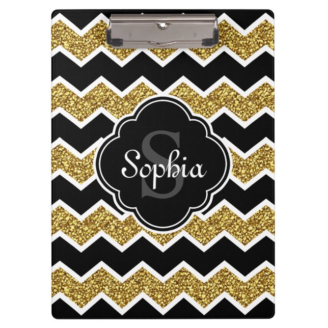 Black White Gold Glitter Chevron Pattern Clipboard (Front)