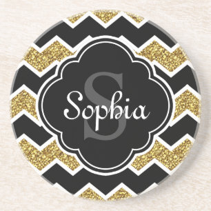 Black White Gold Glitter Chevron Pattern Coaster