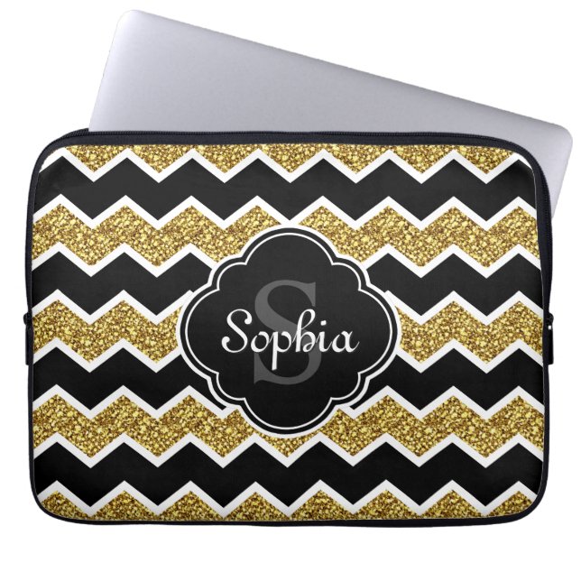 Black White Gold Glitter Chevron Pattern Laptop Sleeve (Front)