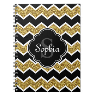 Black White Gold Glitter Chevron Pattern Notebook