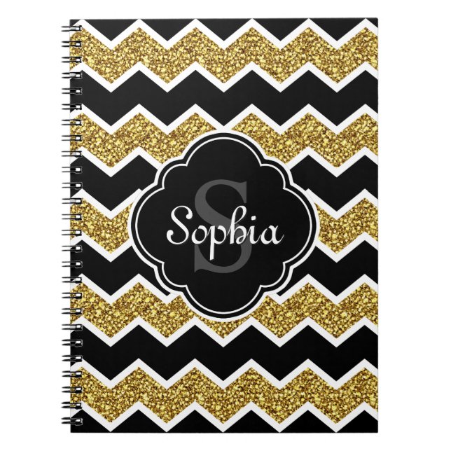 Black White Gold Glitter Chevron Pattern Notebook (Front)
