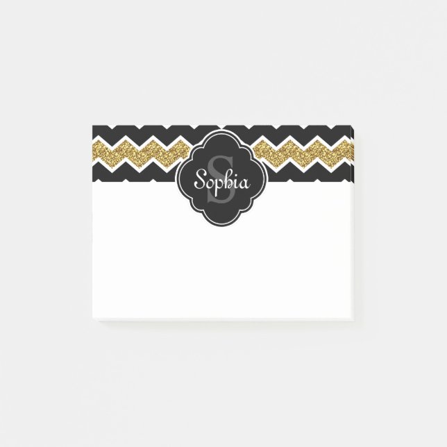 Black White Gold Glitter Chevron Pattern Post-it Notes (Front)