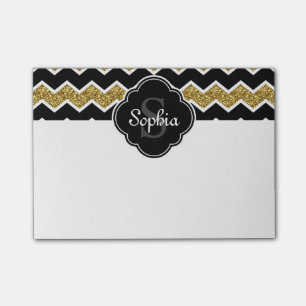 Black White Gold Glitter Chevron Pattern Post-it Notes