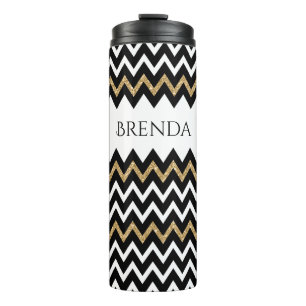 Black White * Gold Glitter Chevron Pattern Thermal Tumbler