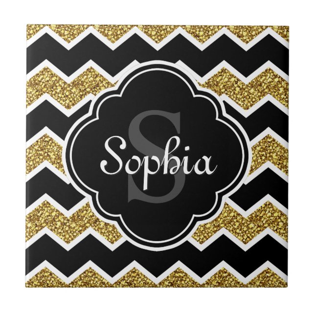 Black White Gold Glitter Chevron Pattern Tile (Front)