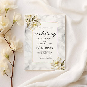 Black white gold glitter marble flowers Wedding Invitation