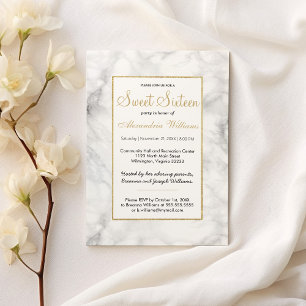 Black white gold glitter marble Sweet Sixteen Invitation