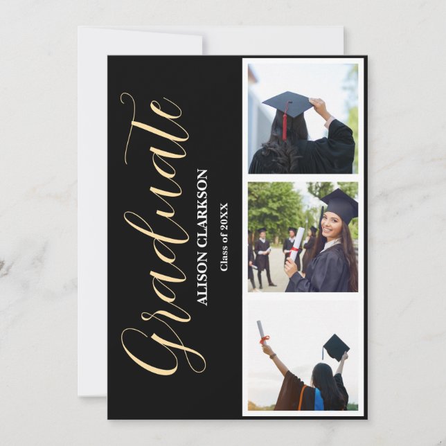 Black & White Gold Graduation 2025 3 Photos Party Invitation (Front)