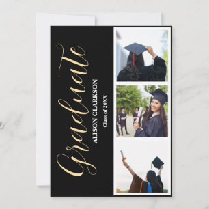 Black & White Gold Graduation 2025 3 Photos Party Invitation