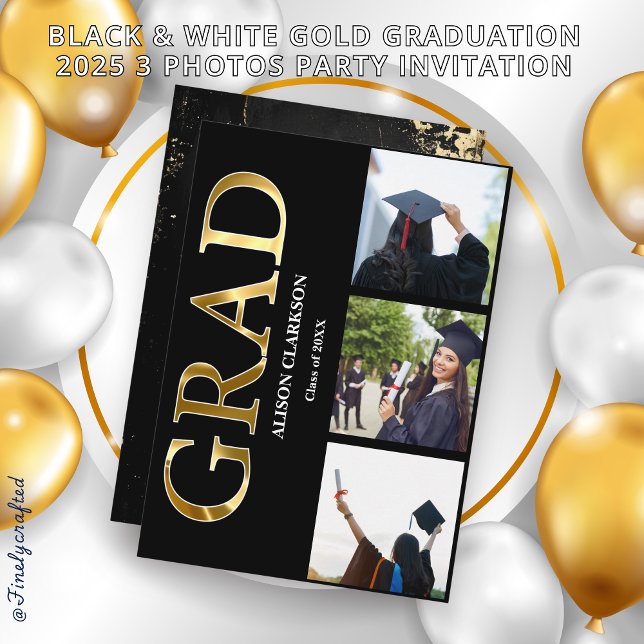 Black & White Gold Graduation 2025 3 Photos Party Invitation (Creator Uploaded)