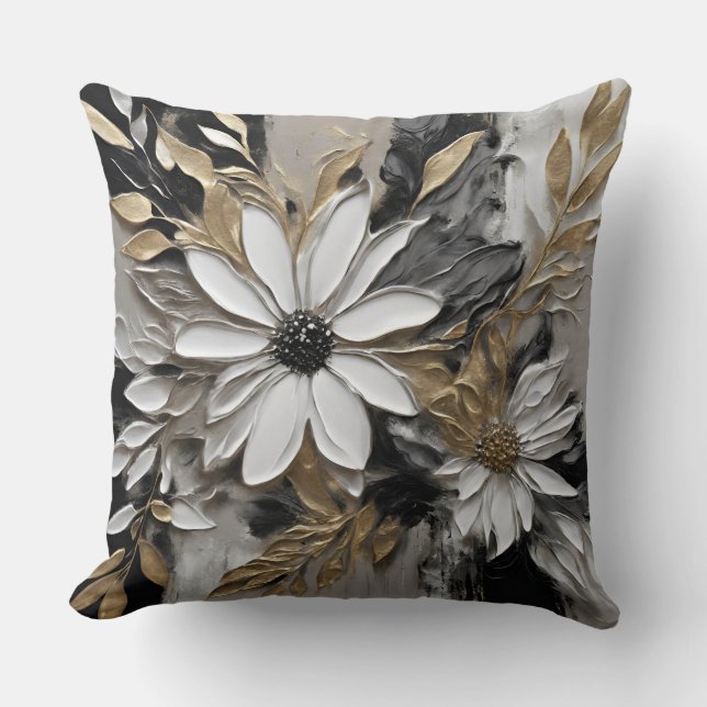 Black White Gold Grey Floral Print Cushion (Front)