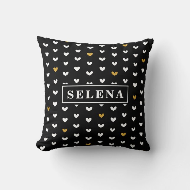 Black White Gold Heart Pattern with Custom Name Cushion (Front)
