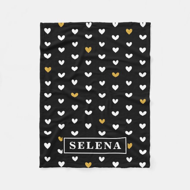 Black White Gold Heart Pattern with Custom Name Fleece Blanket (Front)